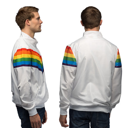 Trainingsjasje Rainbow dude van zij- en achterkant, regenboogstrepen op de bovenarmen