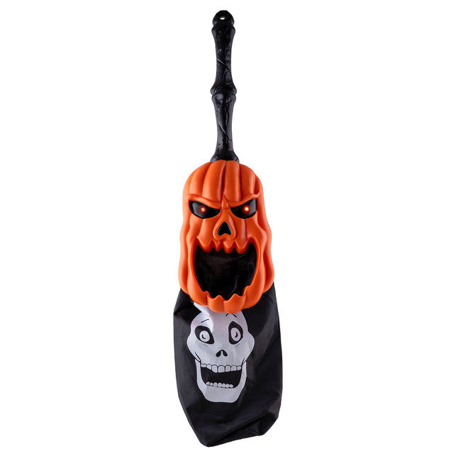 Trick or treat snoepzak van 42 cm met zwarte steel en grijnzende pompoen, voor Halloween