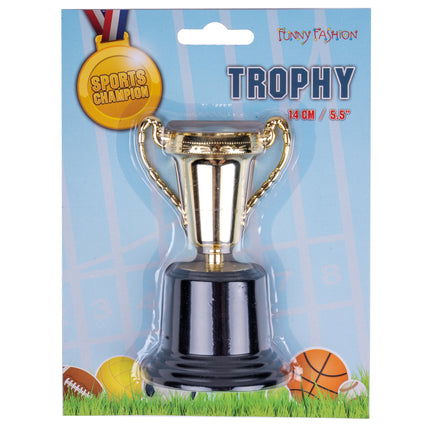 Trofee goud 14 cm van Funny Fashion op kaart met sportthema en de aanduiding Sports Champion