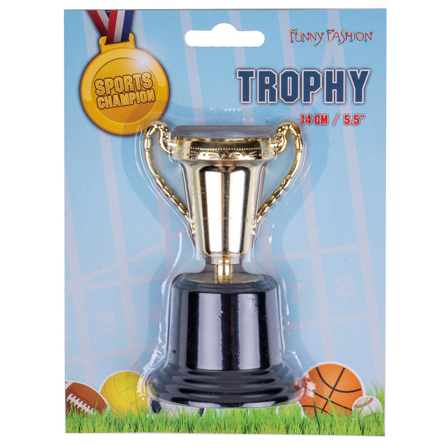 Trofee goud 14 cm van Funny Fashion op kaart met sportthema en de aanduiding Sports Champion
