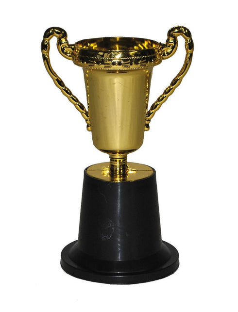 Trofee goud 14 cm met gedraaide oren en zwarte ronde voet, prijsbeker voor een sportfeest