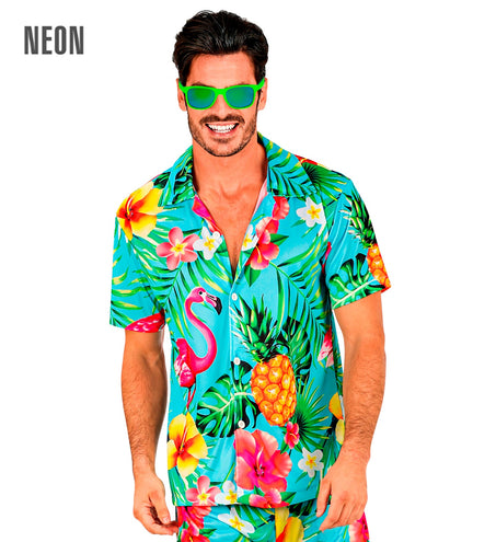 Tropisch flamingoshirt heren met groene zonnebril, hawaiilook voor een zomerfeest