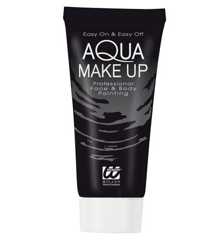 Tube met zwarte aqua schmink van 30 gram, zwarte tube met witte schroefdop