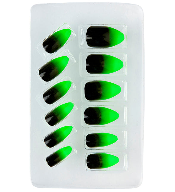 Twaalf stiletto plaknagels met verloop van zwart naar neon groen op tray