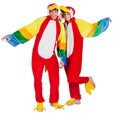 Twee papegaaienpakken naast elkaar met gespreide regenboogvleugels als groepslook