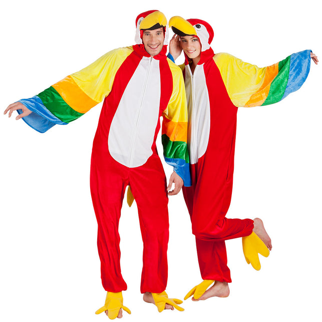 Twee papegaaienpakken naast elkaar met gespreide regenboogvleugels als groepslook
