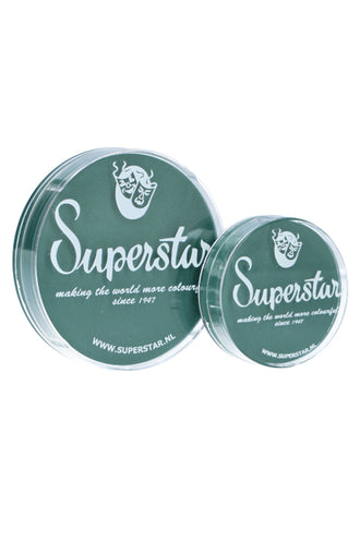 Twee potjes aquaschmink blauw groen met wit Superstar-logo en theatermaskers op het deksel