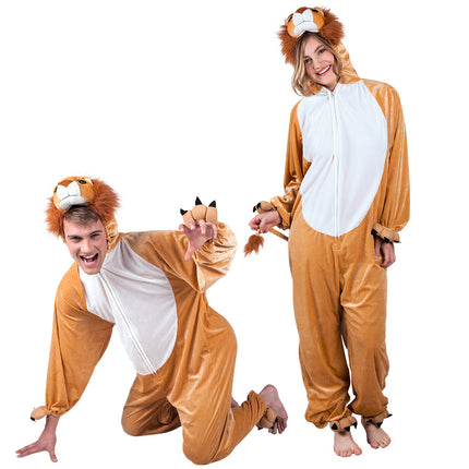 Twee tieners in leeuwenkostuum met capuchon en pootjes aan de mouwen op een themafeest