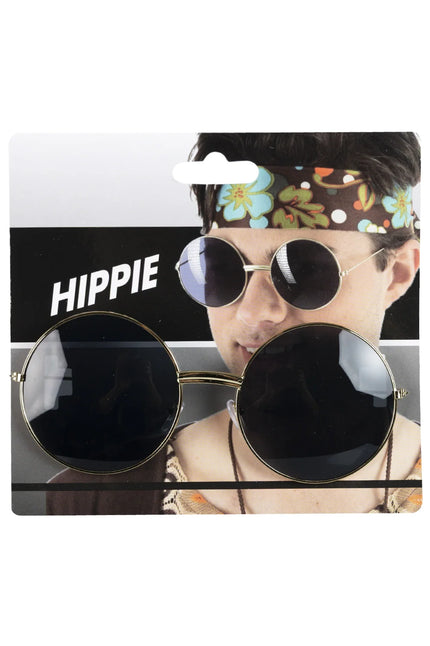Uilebril goud met extra grote ronde zwarte glazen en dun montuur, op kaart met hippieprint