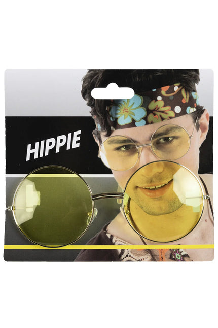 Uilebril goudkleurig met grote ronde gele glazen op kaart, hippiebril voor een jaren 70-feest