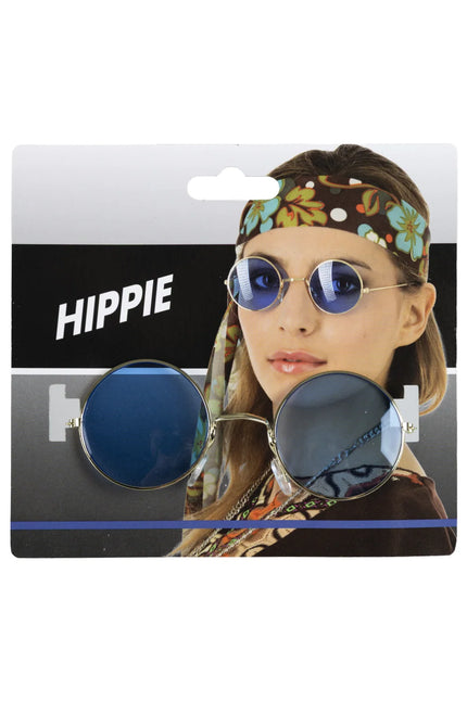 Uilebril met goudkleurig montuur en ronde blauwe glazen, hippiebril voor een themafeest
