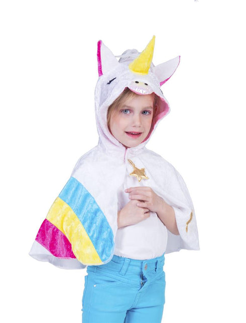 Unicorn regenboog cape kinderen met eenhoornkap, gele hoorn en roze-geel-blauwe strepen voor carnaval