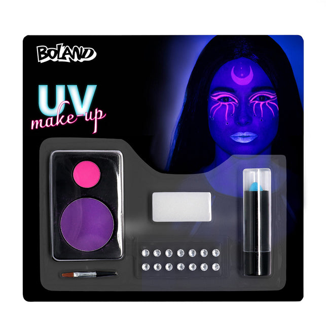 UV schminkset heks van Boland met paars en roze poeder, blauwe lippenstift, penseel, sponsje en 14 steentjes