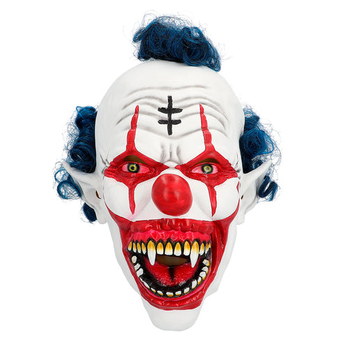 Vampier clown masker van latex, vooraanzicht met rode neus en zwart kruisje op het voorhoofd
