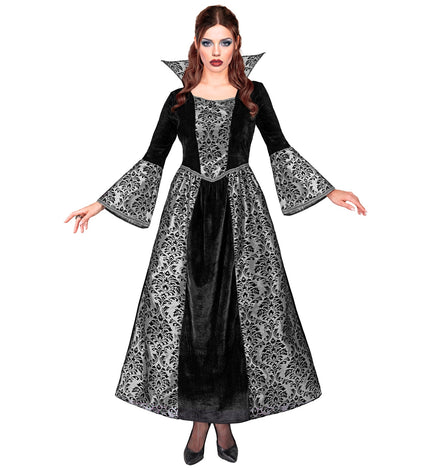 Vampier dame kostuum Julia, lange zwart-zilveren jurk met damastprint en staande kraag voor Halloween