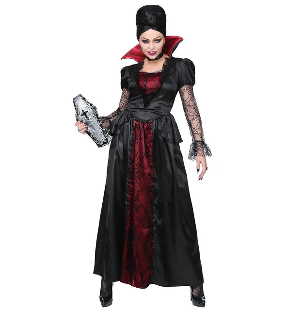 Vampier kostuum Lana dames met kanten mouwen in spinnenwebmotief en zwarte choker