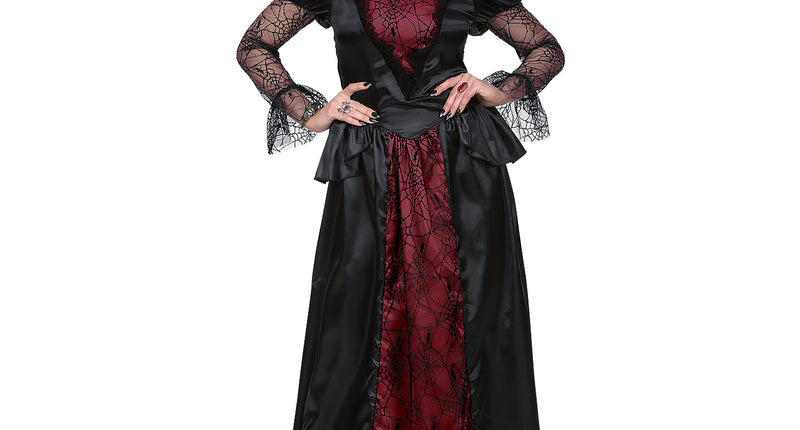 Vampier kostuum Lana dames, lange zwart-rode jurk met hoge rode kraag en spinnenwebkant voor Halloween
