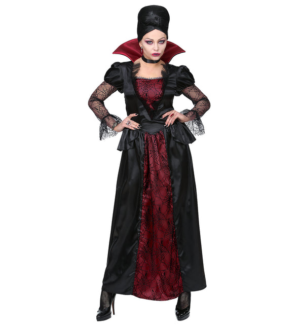 Vampier kostuum Lana dames, lange zwart-rode jurk met hoge rode kraag en spinnenwebkant voor Halloween