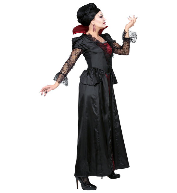 Vampier kostuum Lana dames van zijkant, peplum-schootje en enkellange satijnlook-rok