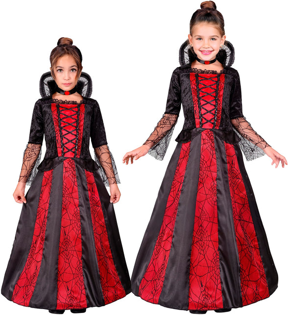 Vampier meisje kostuum Rosa in zwart en rood met hoepelrok, kanten kraag en choker voor Halloween