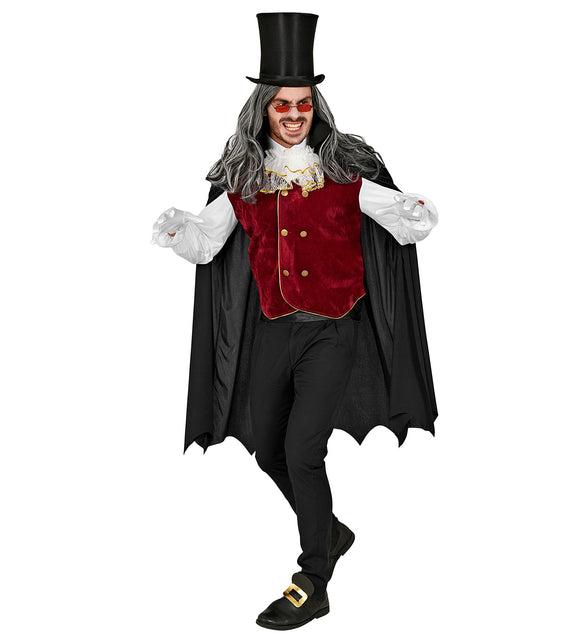Vampier pak Donny heren met wijnrood vest, witte jabot en zwarte punt cape voor Halloween