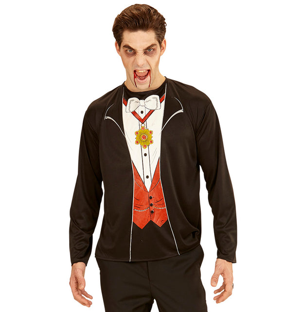 Vampier shirt unisex voor volwassenen, zwart shirt met lange mouwen en opgedrukt wit hemd