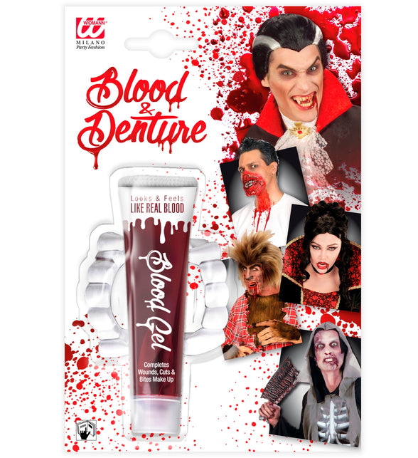 Vampier tanden Dracula gebit met bloed op verpakkingskaart met vampier, weerwolf en zombie voor Halloween