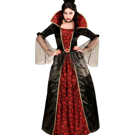 Vampieren jurk dames met rood rozenpaneel, goudkleurig sierband en rode broche op de taille