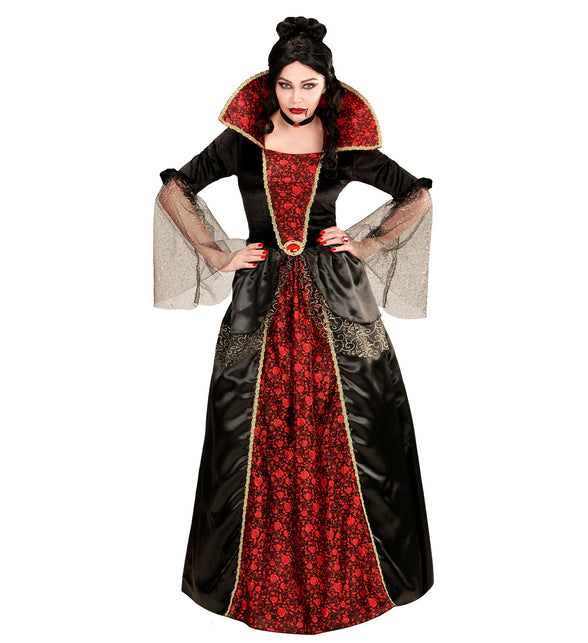 Vampieren jurk dames met rood rozenpaneel, goudkleurig sierband en rode broche op de taille