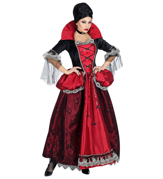 Vampieren jurk Valentina dames, lange rood-zwarte jurk met hoge kraag en kant, voor Halloween