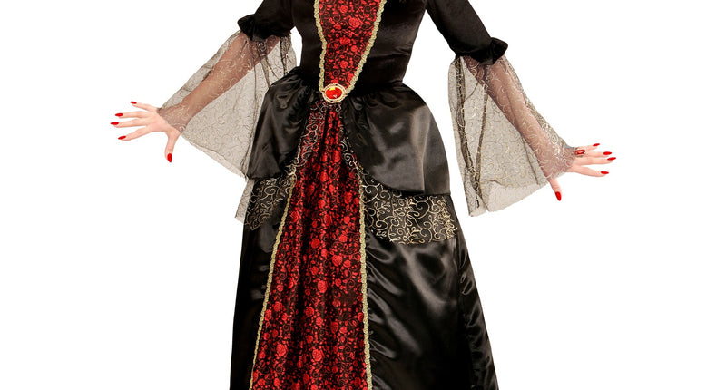 Vampieren jurk zwart rood met hoge kraag, rozenprint en wijde tulen mouwen voor Halloween