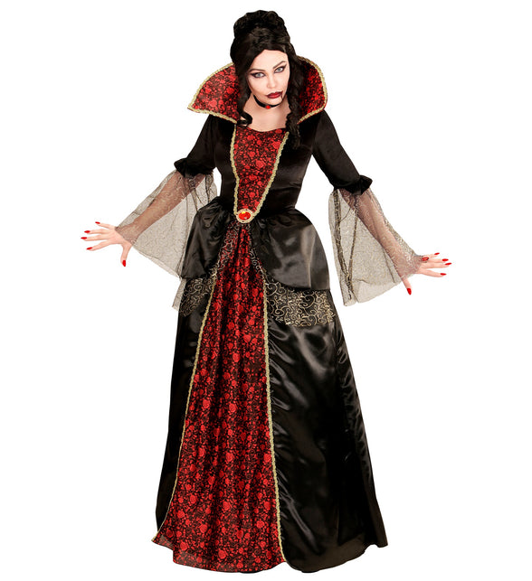 Vampieren jurk zwart rood met hoge kraag, rozenprint en wijde tulen mouwen voor Halloween