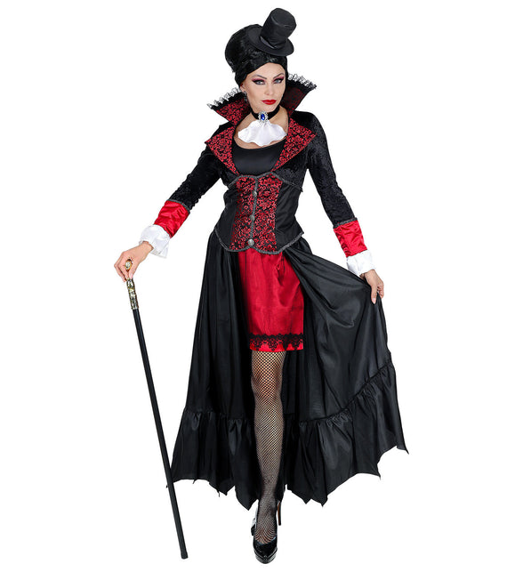 Vampieren kostuum Sofia dames, zwarte jurk met lange jas en rood jacquard lijfje voor Halloween