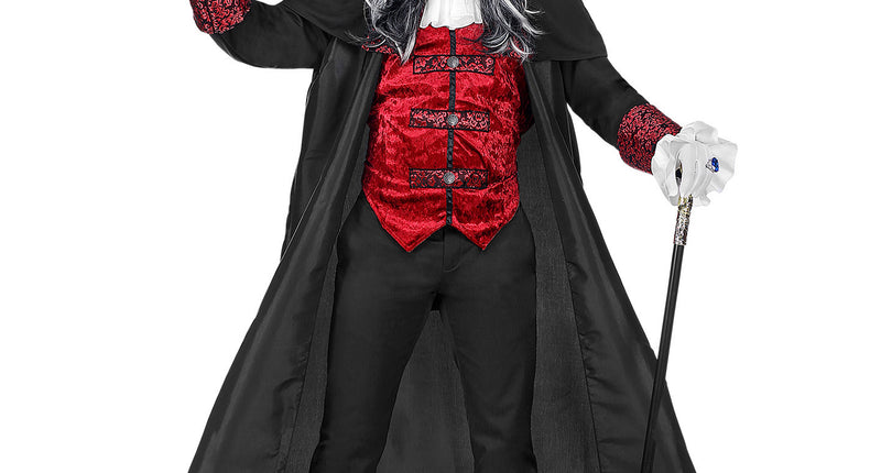 Vampieren pak Boaz heren: zwarte lange jas met rood fluwelen vest, jabot en hoge hoed voor Halloween