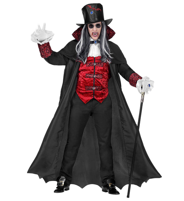 Vampieren pak Boaz heren: zwarte lange jas met rood fluwelen vest, jabot en hoge hoed voor Halloween