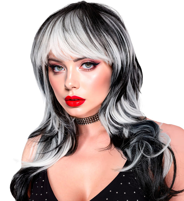 Vampierpruik zwart met witte strengen, zijaanzicht met gelaagde pony voor een Halloween-look