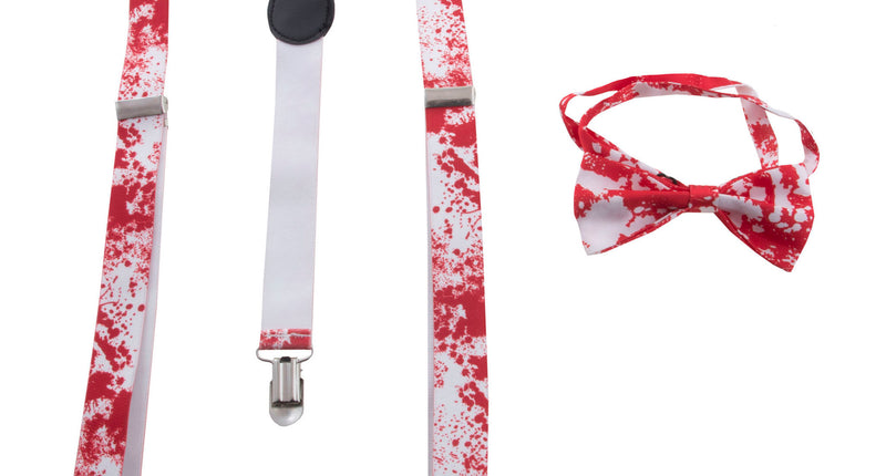 Verkleed set bloodlust met witte bril, Y-bretels en strik in wit met rode bloedspatten