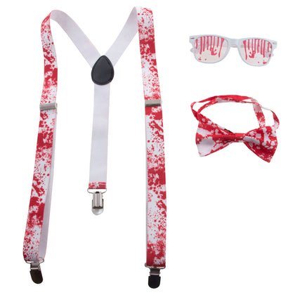 Verkleed set bloodlust met witte bril, Y-bretels en strik in wit met rode bloedspatten