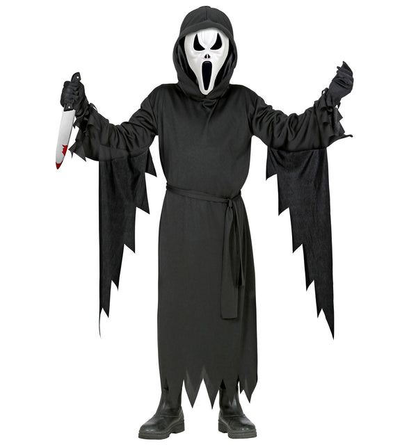 Verkleedpak Schreeuw voor kinderen: zwart gewaad met gerafelde zoom en wit schreeuwmasker voor Halloween