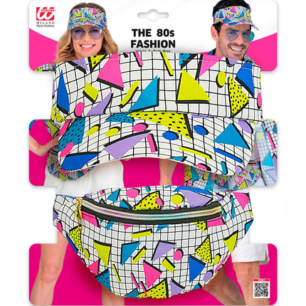 Verkleedset jaren 80 funky fashion in verpakking met zonneklep en heuptas met ruitraster