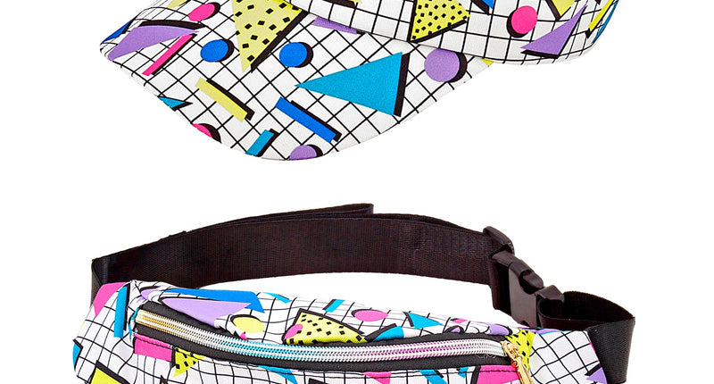 Verkleedset jaren 80 met witte zonneklep en heuptas met neon geometrische print en ritssluiting