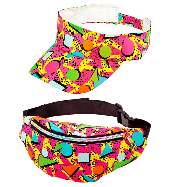 Verkleedset jaren 80 met zonneklep en heuptas, geometrische print in felle kleuren