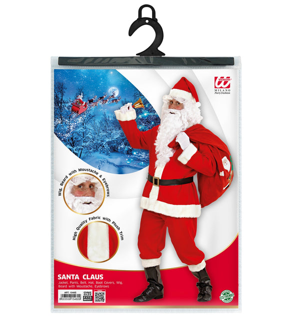 Verpakking van het achtdelige kerstman kostuum met jas, broek, riem, hoed, laarshoezen, pruik en baard