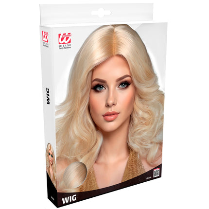 Verpakking van de blonde pruik groovy voor dames met haarstaal aan de voorkant