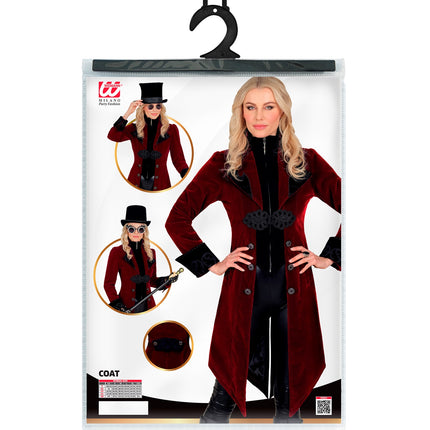 Verpakking van de bordeauxrode gothic jas dames met maattabel XS tot XXL