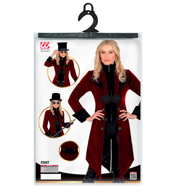 Verpakking van de bordeauxrode gothic jas dames met maattabel XS tot XXL