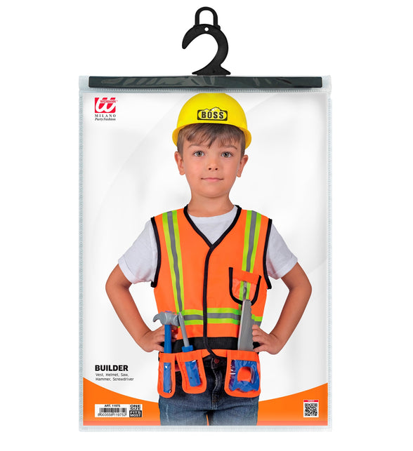 Verpakking bouwvakker kostuum kind met vest, helm, zaag, hamer en schroevendraaier