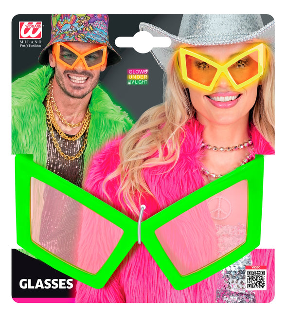 Verpakking van de bril oversized neon groen met vermelding dat het montuur oplicht onder uv-licht