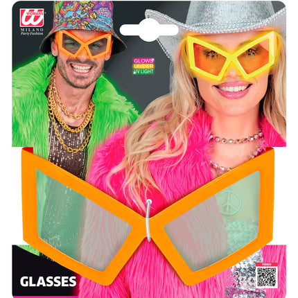 Verpakking van de bril oversized neon oranje met vermelding dat de bril oplicht onder uv-licht
