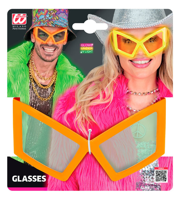 Verpakking van de bril oversized neon oranje met vermelding dat de bril oplicht onder uv-licht